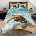 Pastel aqua sea turtle swimming Polynesian bedding set displayed neatly on a bed in a coastal bedroom