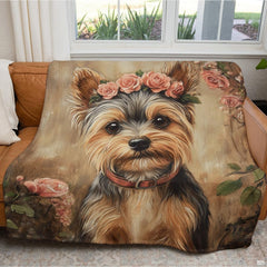 Full flat overhead view showing the complete botanical rose and Yorkshire Terrier artwork.