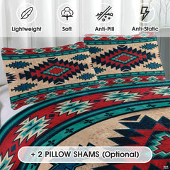 Boho home decor ideas featuring tribal geometric bedding in a sunlit bedroom setting.