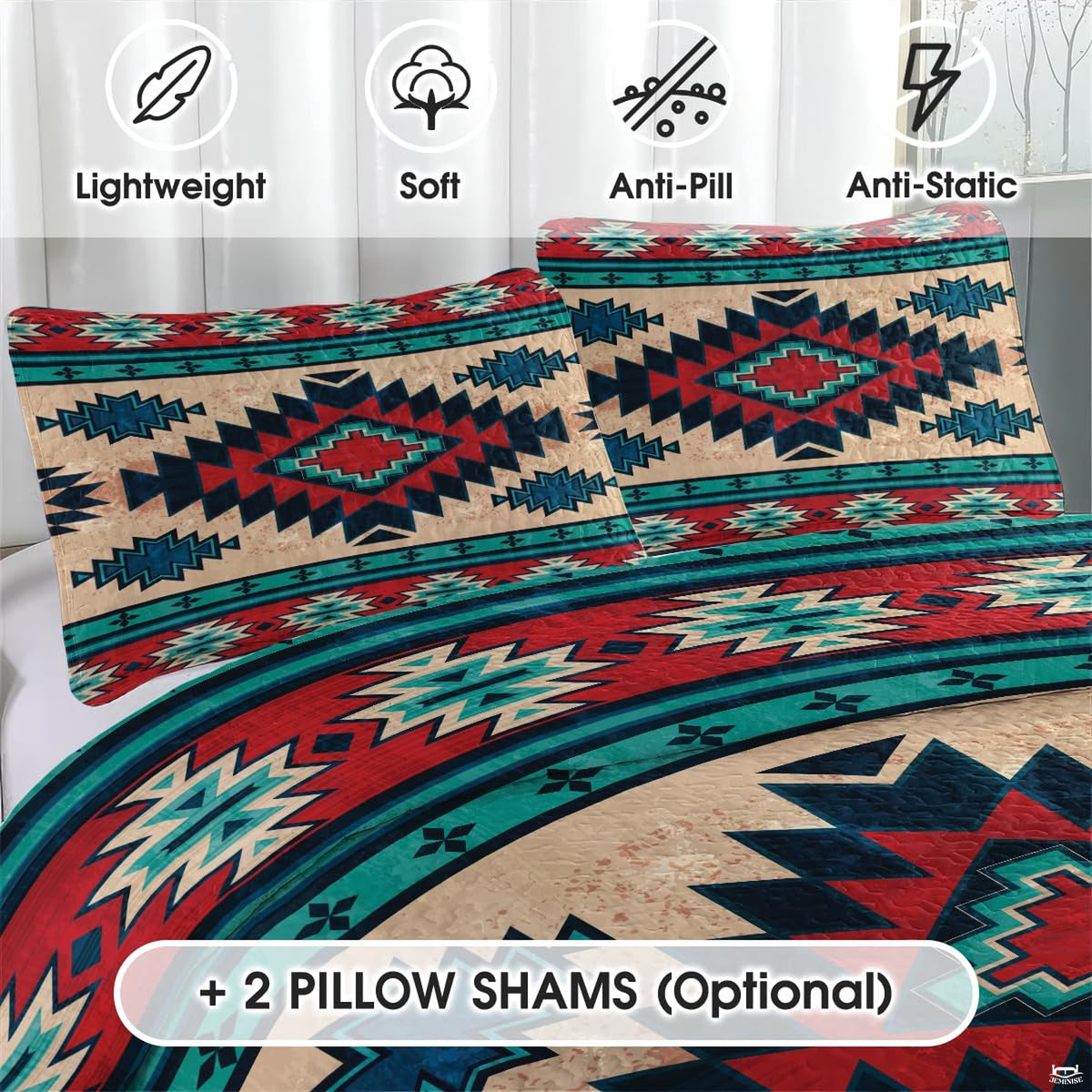 Boho home decor ideas featuring tribal geometric bedding in a sunlit bedroom setting.