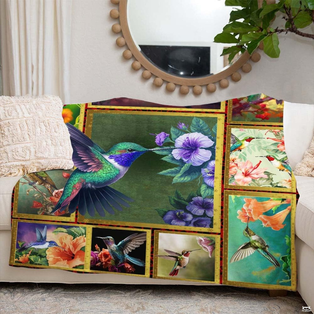 Botanical floral patterns and colorful hummingbirds displayed across bedroom decor surfaces.