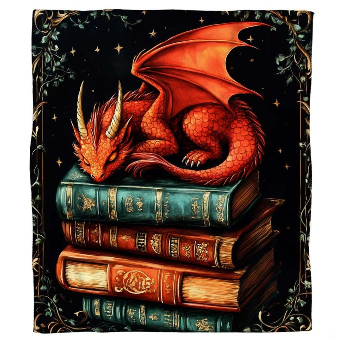 Close view of red dragon scales, wings, and gilded book spine details