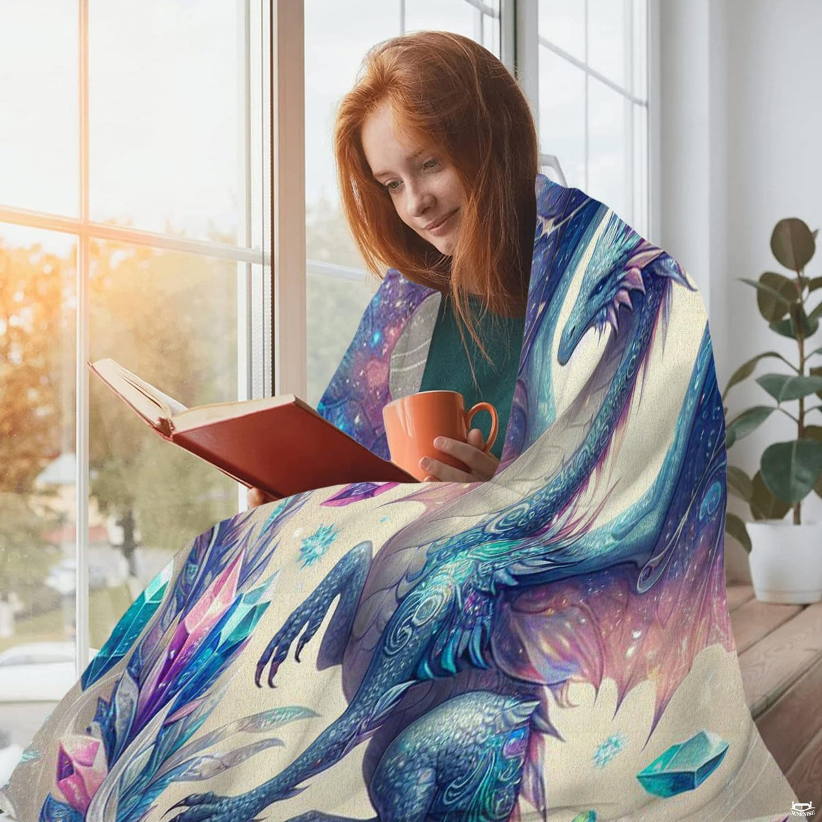 Dark academia bedspread visual with iridescent violet dragon scales, intricate filigree, and floating gems.