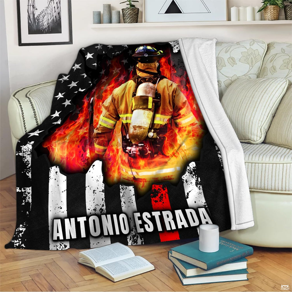 Close up view of thin red line flag and cutout fire flames illustration on decorative firefighter bedding.