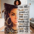 Faith affirmations blanket featuring woman portrait with hoop earrings and scripture parchment.
