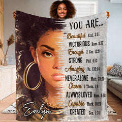 Faith affirmations blanket featuring woman portrait with hoop earrings and scripture parchment.