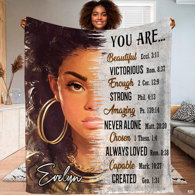 Faith affirmations blanket featuring woman portrait with hoop earrings and scripture parchment.