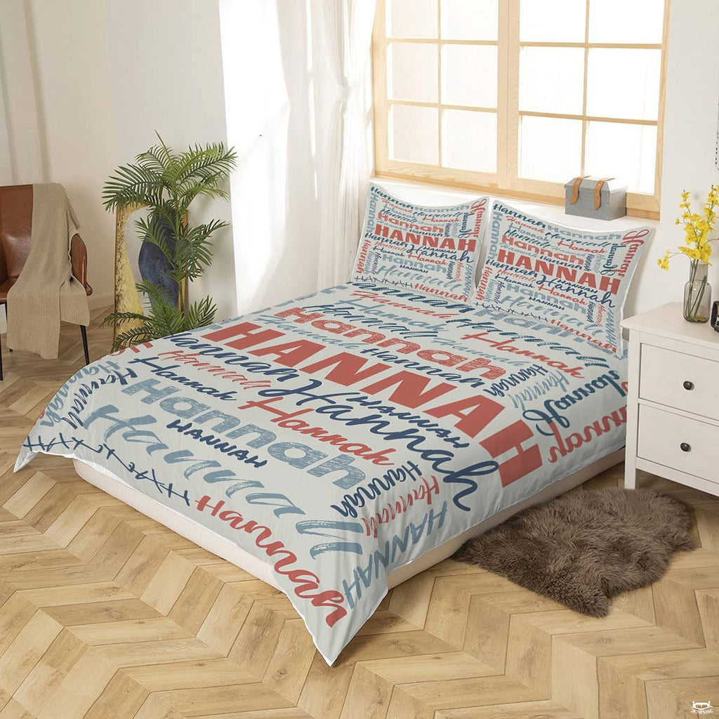 Graphic bedding set overview highlighting multi-directional lettering and brush calligraphy motif.
