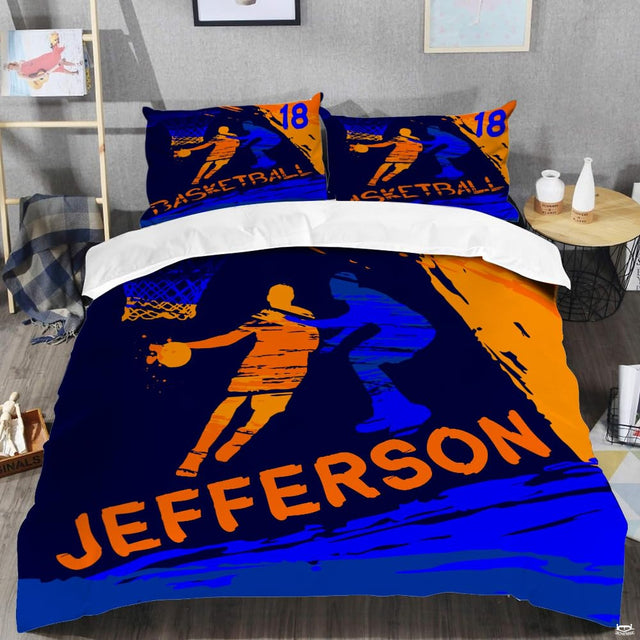 Close-up perspective of basketball bedding showing detailed paintbrush strokes and textured basketball graphics
