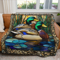 Artistic mosaic glass border and cobalt blue water reflections on a mallard wildlife bedding set.
