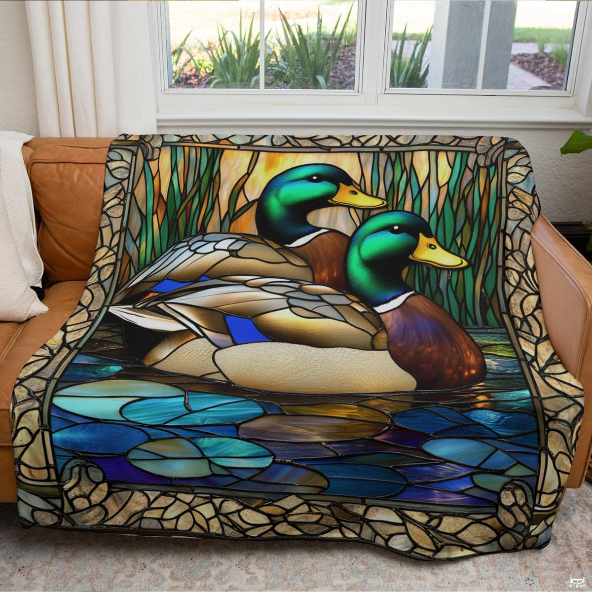 Artistic mosaic glass border and cobalt blue water reflections on a mallard wildlife bedding set.