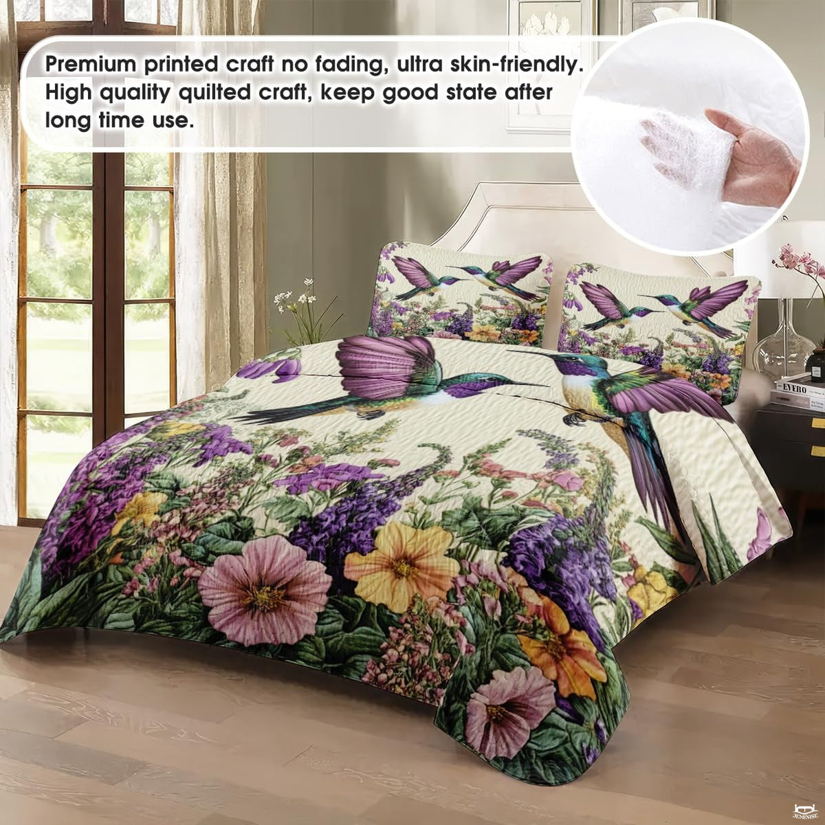 Staged bedroom with two purple-wing hummingbirds over garden flowers