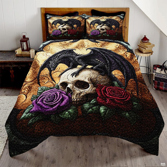Black winged dragon crouching on cracked skull above purple and red roses