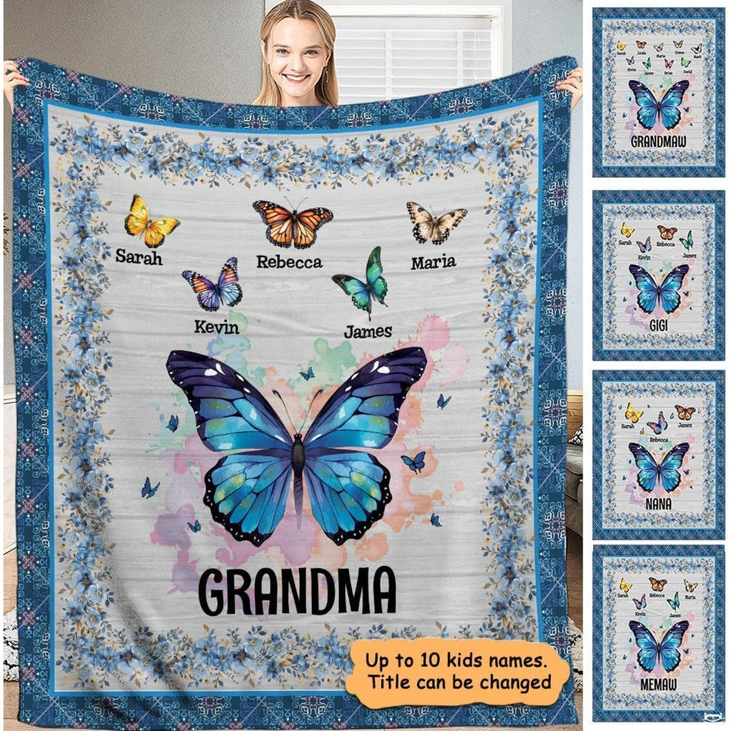Blue morpho butterfly rustic timber art blanket held up by woman