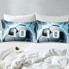 Bedroom lifestyle setup displaying glowing blue soccer ball theme on a made bed with side nightstand.