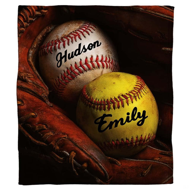 Baseball and softball glove sibling sports blanket with baseball and softball