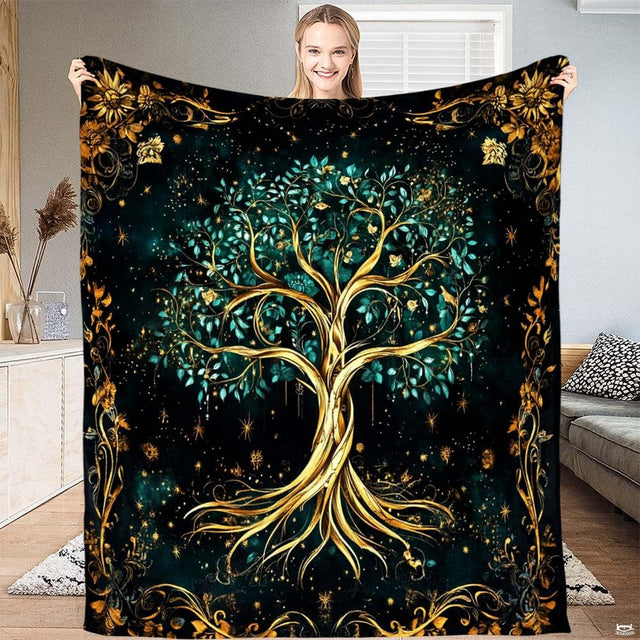 Golden tree of life baroque filigree fantasy blanket showing cosmic design view 1