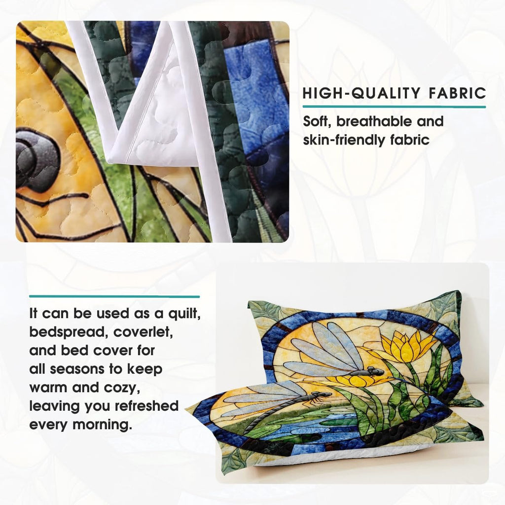 Dragonfly Patchwork Quilt Set, Animal Patchwork Bedset - Dragonfly Quilt Bedding Set, Premium Pattern Quilt Bedspread, Bedding Blanket Gift for Daughter Women
