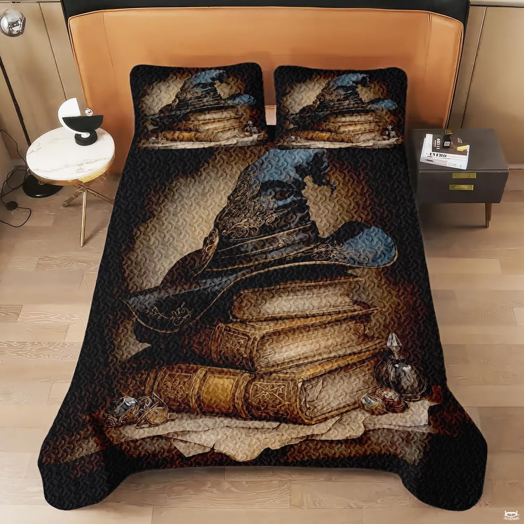 Witch hat and broom bedding shown on a modern bed