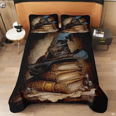 Witch hat and broom bedding shown on a modern bed