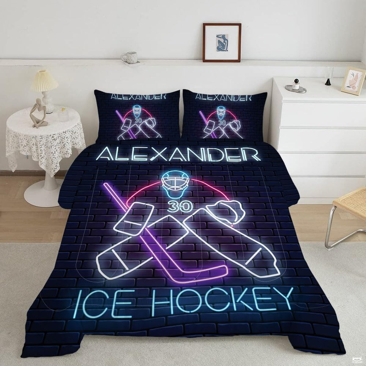 Neon ice hockey bedding featuring glowing goalie mask, pads, and stick graphics on a dark brick wall