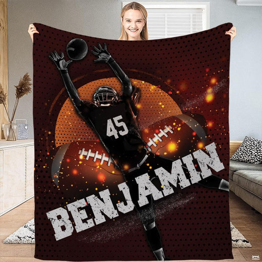Football receiver halftone catch throw blanket displaying leaping athlete and glowing amber dots