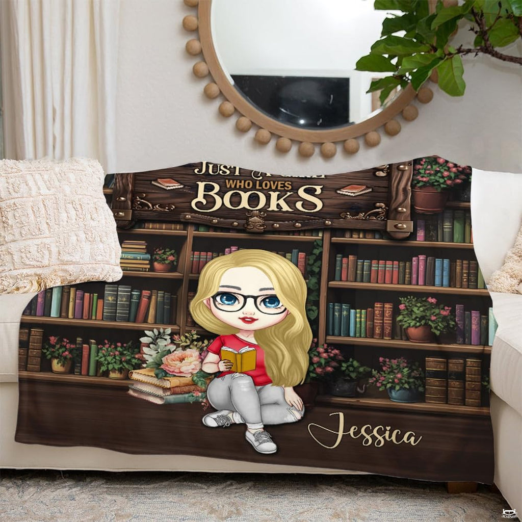 Bookworm girl throw blanket view 7 highlighting reader character, wooden library shelves, and houseplants