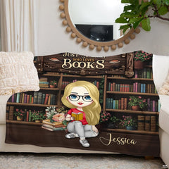 Bookworm girl throw blanket view 7 highlighting reader character, wooden library shelves, and houseplants