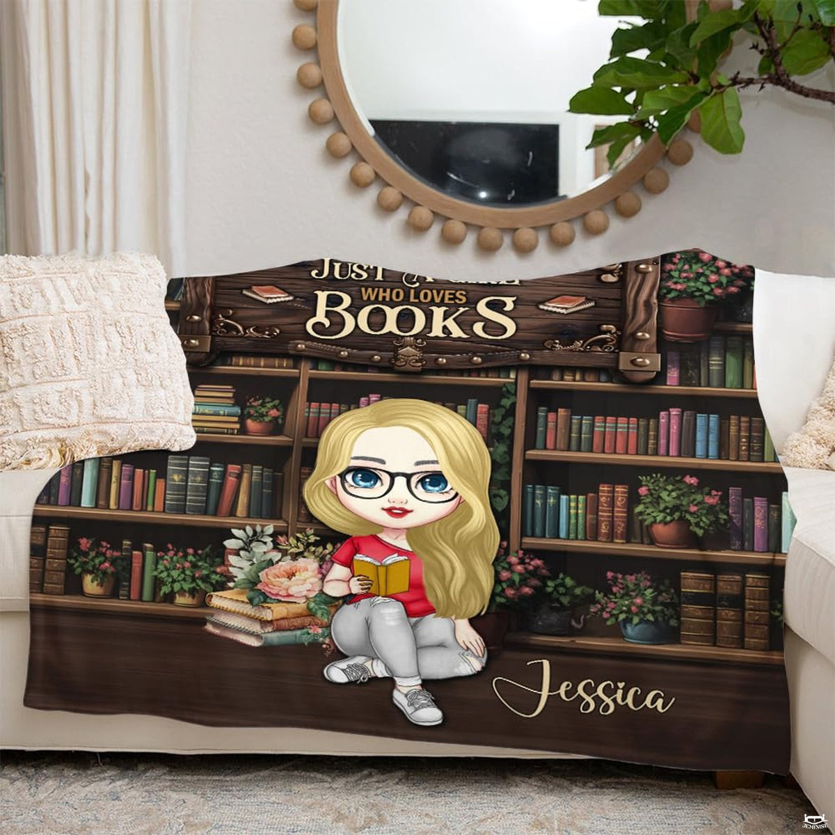 Bookworm girl throw blanket view 7 highlighting reader character, wooden library shelves, and houseplants