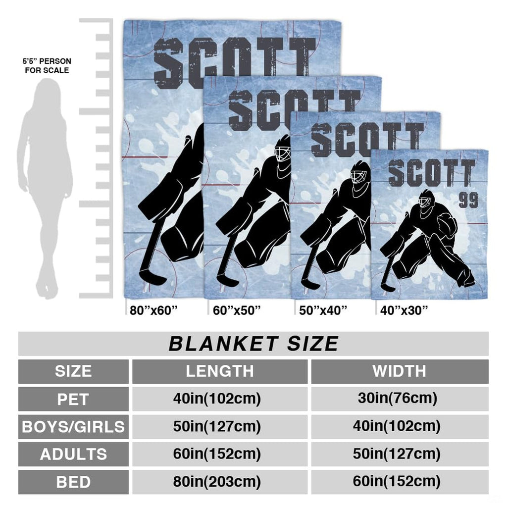 Size proportion chart illustrating available dimensions of the hockey sports throw blanket.