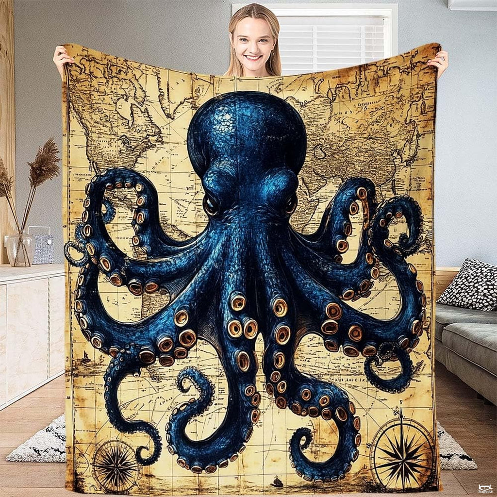 Deep blue kraken octopus bedding set displayed over vintage nautical world map artwork in parchment tones.