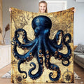 Deep blue kraken octopus bedding set displayed over vintage nautical world map artwork in parchment tones.