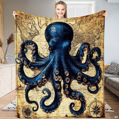 Deep blue kraken octopus bedding set displayed over vintage nautical world map artwork in parchment tones.