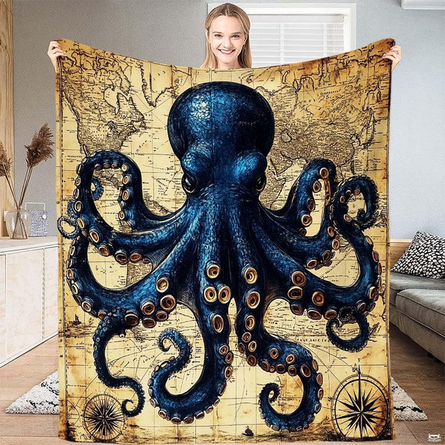 Deep blue kraken octopus bedding set displayed over vintage nautical world map artwork in parchment tones.