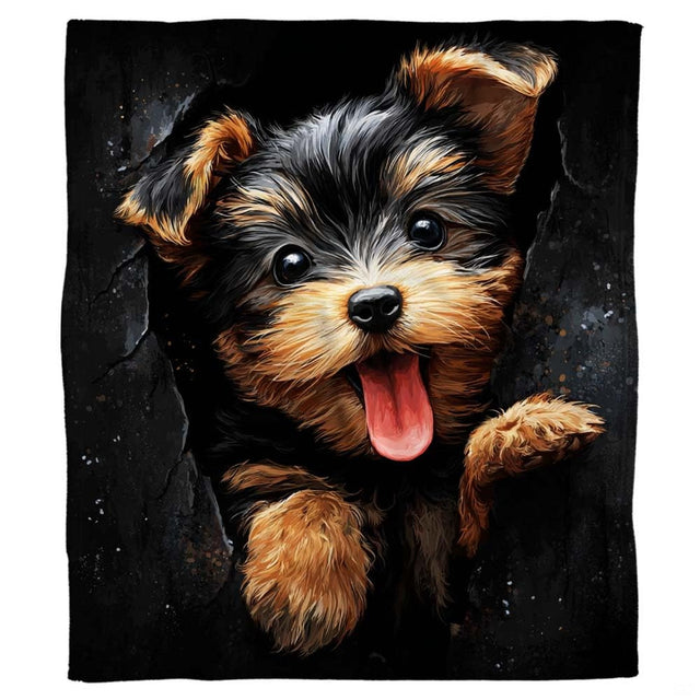 Close-up of lifelike Yorkshire Terrier puppy illustration featuring bright eyes, perked ears, and wispy fur.