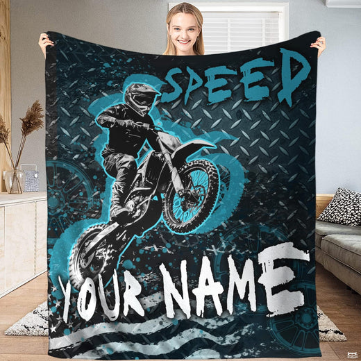Motocross dirt bike jump bedding set featuring cyan teal splatters and diamond plate industrial background.