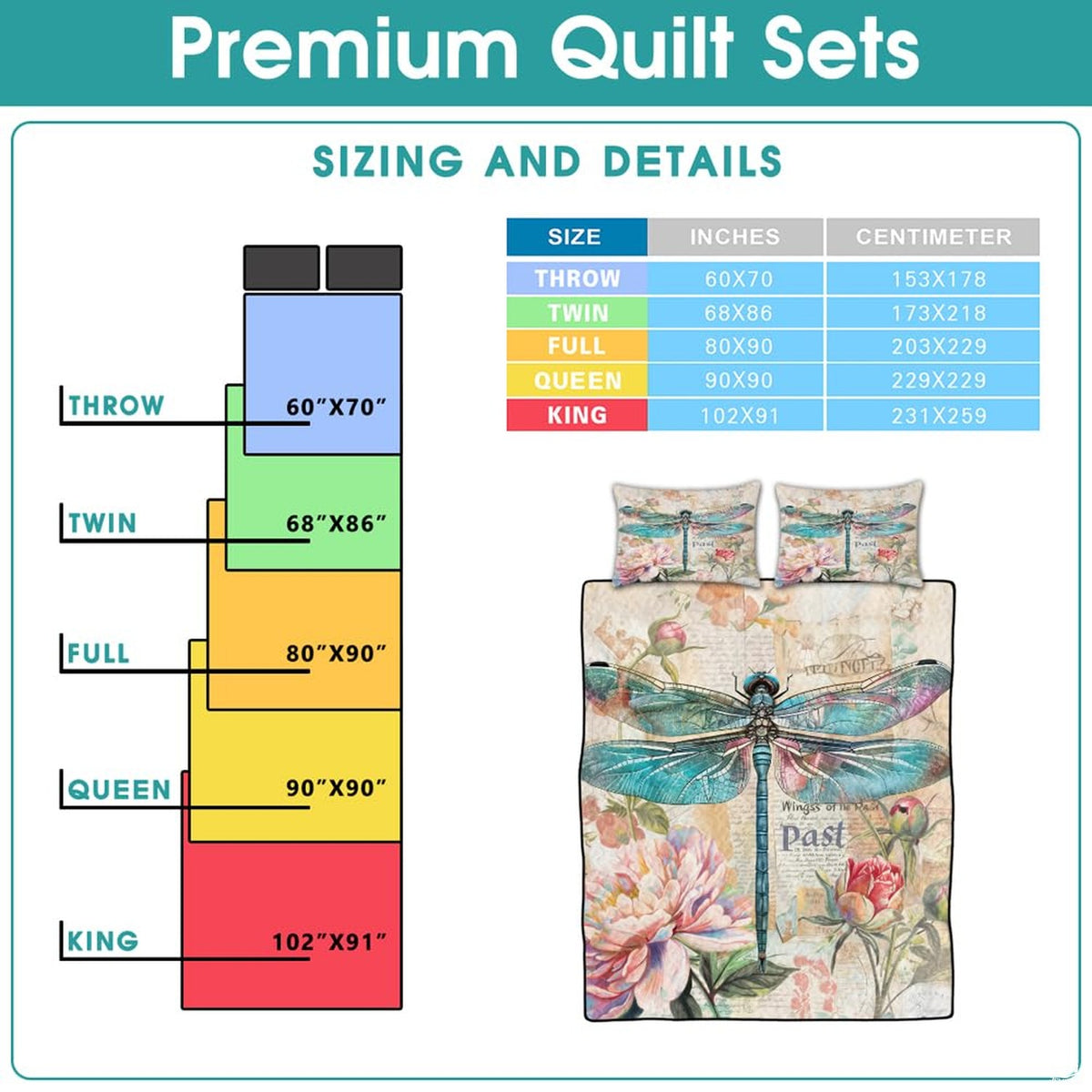 Teal dragonfly bedding sizing infographic
