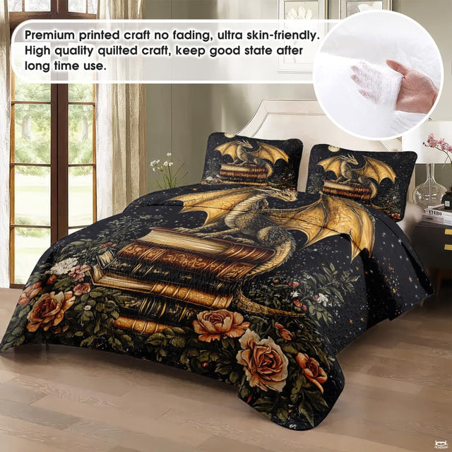 Golden dragon book and floral artwork displayed on a bed