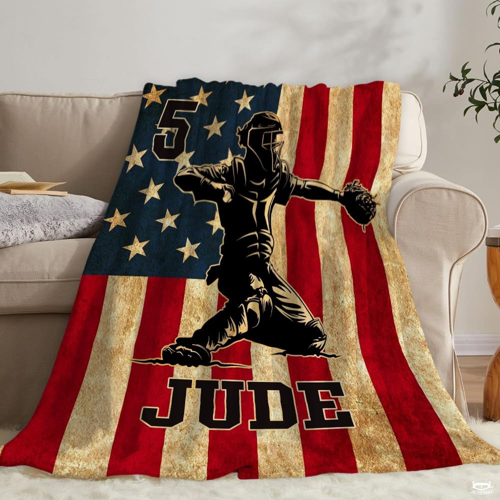 American flag baseball catcher blanket with varsity typography - view 3