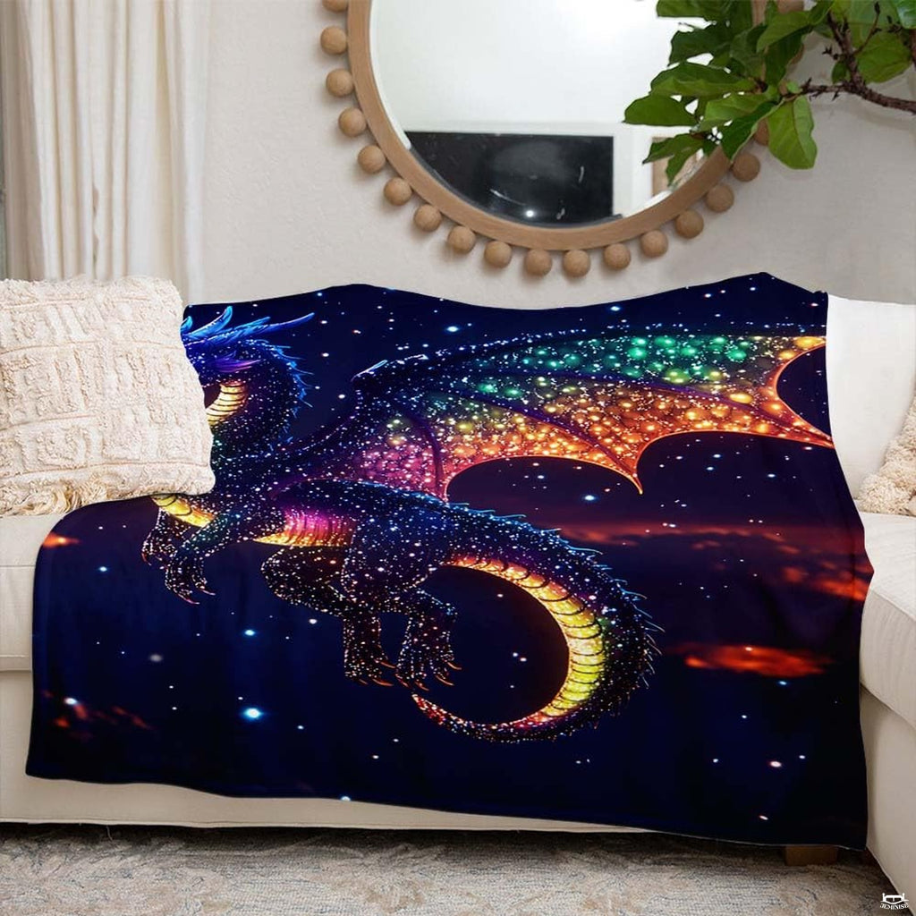 Close up macro view of celestial dragon throw blanket highlighting fabric texture and vibrant rainbow tones