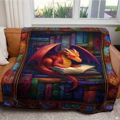 Fantasy dragon bookshelf throw blanket view 5 highlighting book stacks, dragon wings, and mosaic border