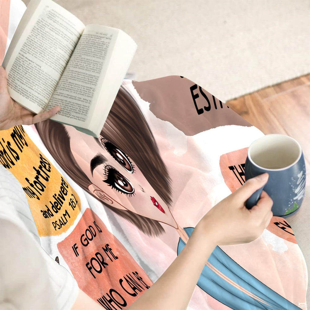 Family relaxing on bed displaying faith affirmation blanket during peaceful home reading