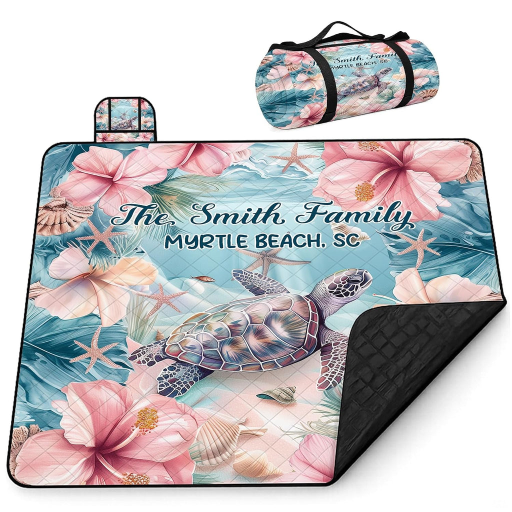 Overhead flat view of sea turtle hibiscus outdoor picnic blanket