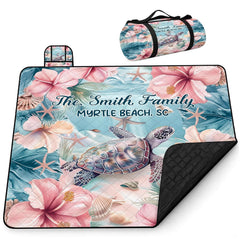 Overhead flat view of sea turtle hibiscus outdoor picnic blanket