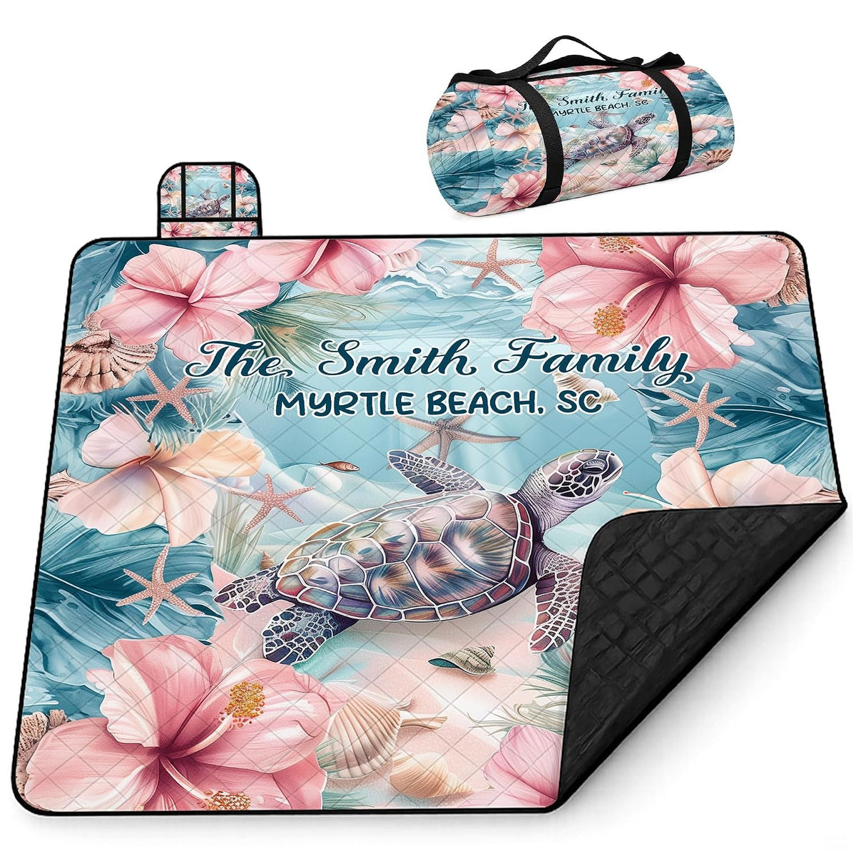 Overhead flat view of sea turtle hibiscus outdoor picnic blanket