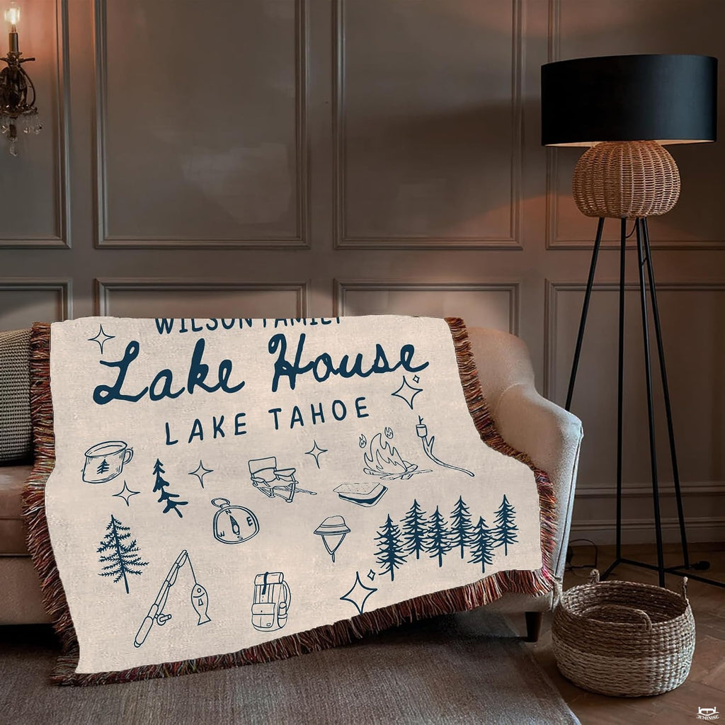 Lake house design with navy camping doodles, canoe, campfire, and pine trees, view 3.