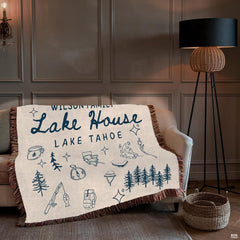 Lake house design with navy camping doodles, canoe, campfire, and pine trees, view 3.