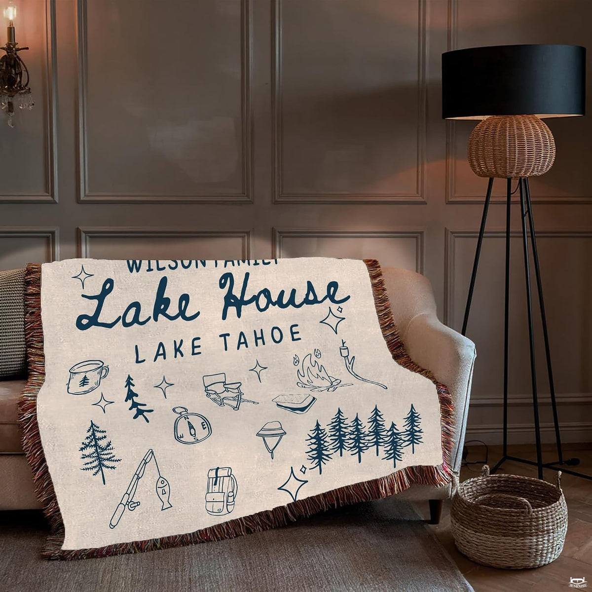 Lake house design with navy camping doodles, canoe, campfire, and pine trees, view 3.