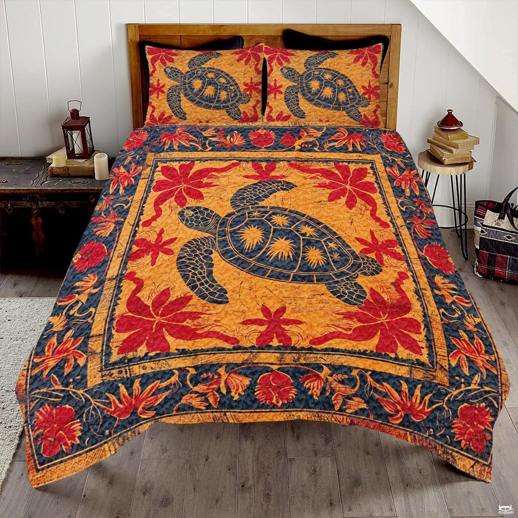 Sunset amber sea turtle Polynesian tribal bedding set displayed neatly on a bed in a coastal bedroom