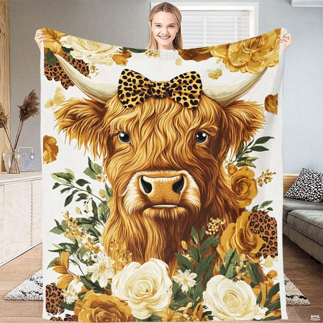 Rustic flower bed decor bedding set featuring a highland cow illustration with leopard bow and yellow floral blossoms.